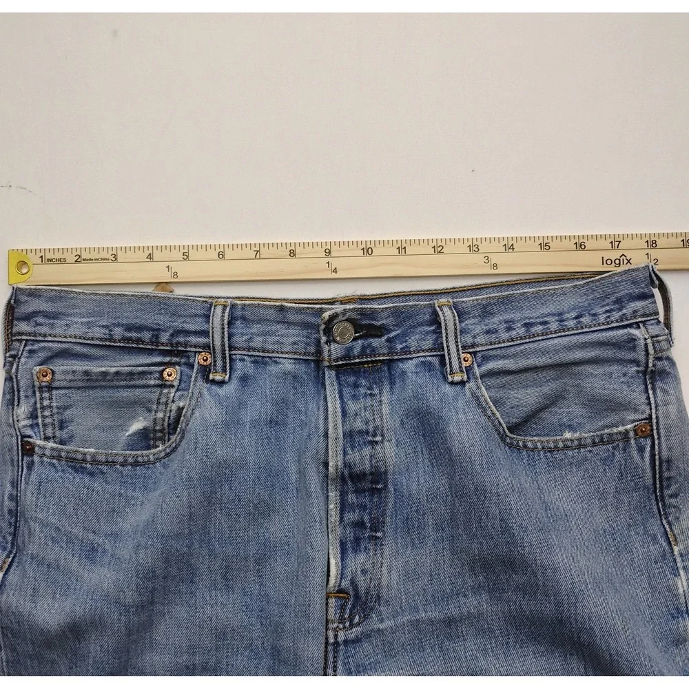 Levis 501 Jeans 34x34 Light Wash Blue Denim Button Fly Trashed Distressed